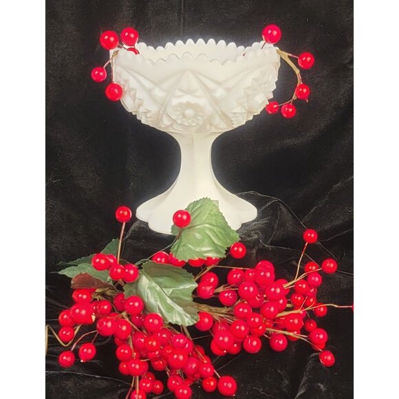 Vintage Kemple Glass Milk Glass Footed Compote with Hobstar and Fan Pattern - Picture 10 of 13